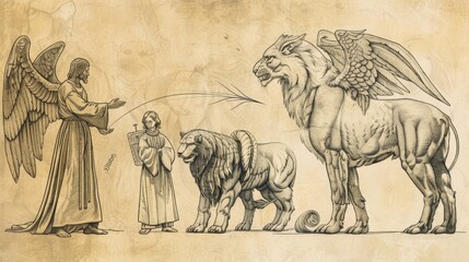 Biblical Illustration: Daniel's Vision, Four Beasts Representing Kingdoms, Angel's Message, Beige Background, Copyspace