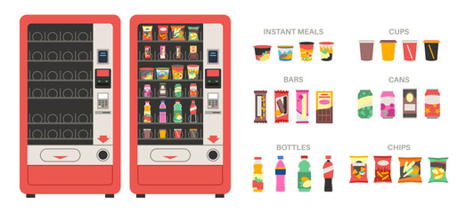 Vintage vending snack machine. Empty and full automatic seller of soda, sweets and chips, quick snack on go, product range, cups cans and bottles, chocolate bars and chips tidy vector set