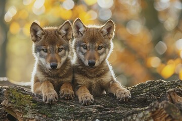 Featuring a two grey wolf cubs on top of tree trunks, high quality, high resolution