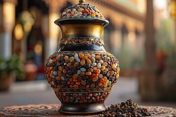 Illustration of tiny urn decorated with spices and raisins, high quality, high resolution