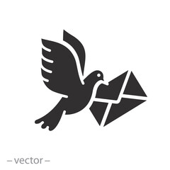 message from bird icon, pigeon with envelope, dove and mail letter, flat symbol on white background - vector illustration