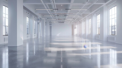 Fototapeta premium Spacious showroom with white walls and polished floors, ideal for display.