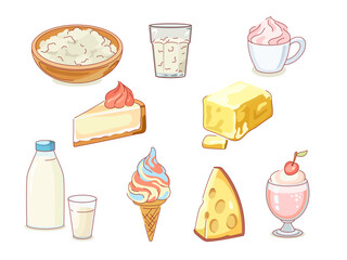 Farmers milk products. Natural dairy food, calcium sources, cottage cheese, butter, cheese, sweet desserts and milkshake, fresh organic healthy lactose meal, flat isolated vector set