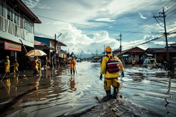 Group of people, part of a Disaster Response Team, wading through floodwater on a street to help residents during a flood