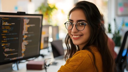 Happy Young Female Software Engineer Confidently Coding at Workstation