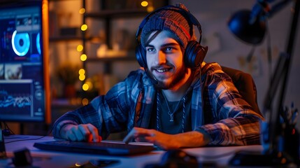Obraz premium Happy Young Professional Enjoys Productive Evening in Cozy Digital Workspace