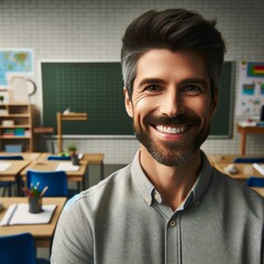 Smiling Male Teacher in Classroom