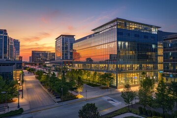 A large, modern building in an integrated technology hub city featuring many windows during twilight