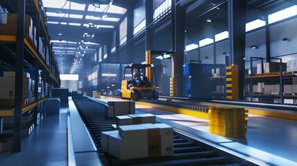 Fototapeta premium Modern Industrial Warehouse Interior With Forklifts, Conveyor Belts, Cargo Boxes, And Metal Shelves Under Bright Artificial Lighting