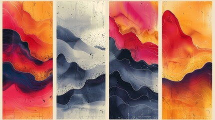 A set of four abstract landscape pieces with vibrant colors and dynamic lines representing different times of the day