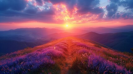 Breathtaking landscape of mountains filled with purple flowers under a vibrant sunset sky