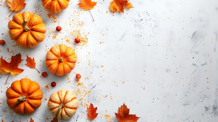 Mini pumpkins and fall leaves on whitewashed wooden background. Thanksgiving, autumn, harvest concept.