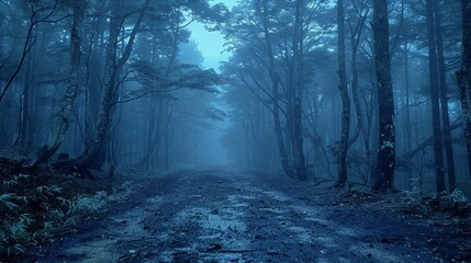 Fototapeta premium A mysterious and eerie blue-toned forest path covered in fog, creating a spooky atmosphere