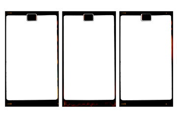 Vintage retro photo movie film strip with sprocket with markings vintage filmstrip on transparent background with minimal light leak in vertical format	