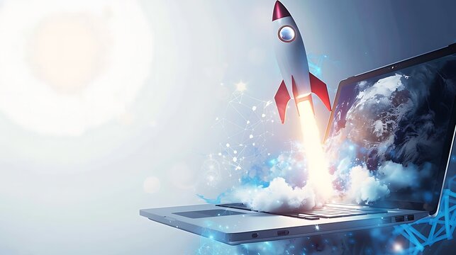 Rocket launching from laptop. Concept of startup, new business project or e-commerce. 3d rendering.