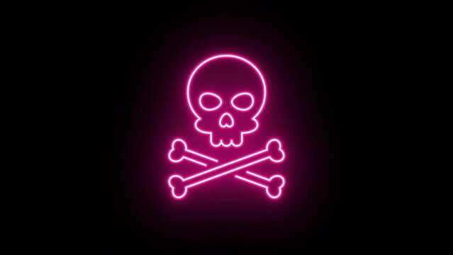 Neon skull crossbones icon animation, fast colorful flicker. Glowing neon jolly roger sign, looped fast winking animation. Pirate skull emoji, corsair cranium, danger, death warning, skeleton.