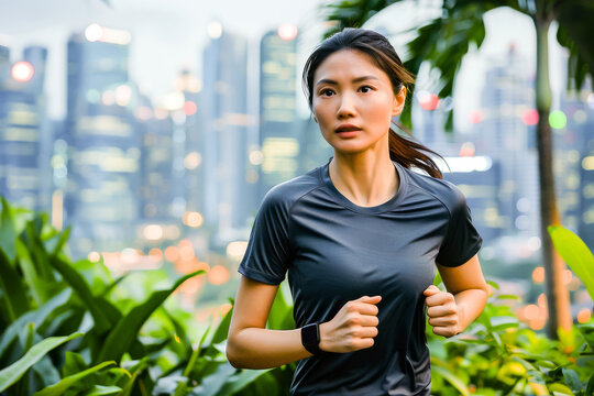 Young woman running in an urban park with city skyscrapers in the background, showcasing fitness and a healthy lifestyle. - Powered by Adobe