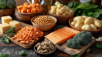 Picture showing the benefits of vitamin B complex With various types of food and supplements