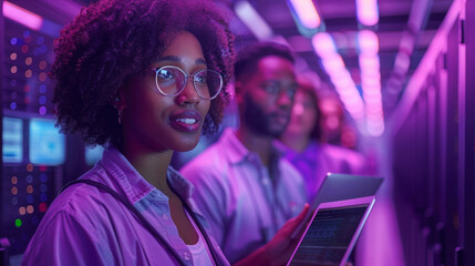 A focused African American woman working with a tablet in a high-tech server room at a data center