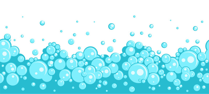 Blue bath foam seamless border. Soap bubbles frame, effervescent suds, fizz shower, water detergent effect, hygiene product advertising, horizontal banner backdrop, nowaday vector background