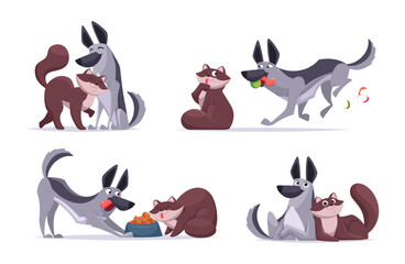 Cat dogs friendship. Domestic pets playing and hugging together exact vector animals friendship