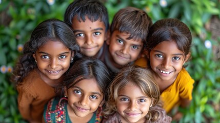Seven cheerful children smile and pose together, surrounded by greenery, representing friendship and joy