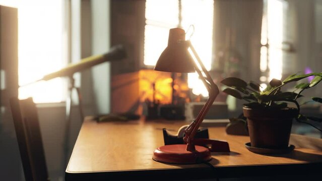A well-organized desk in a school laboratory with a lamp and a potted plant