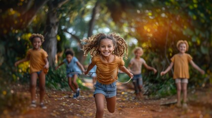 Fototapeta premium A group of cheerful children play tag in a forest, with one girl running towards the camera