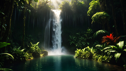 A powerful waterfall cascading into a clear pool surrounded by dense, green rainforest vegetation. Sunlight breaks through the canopy, creating a magical atmosphere with mist rising from the water. 