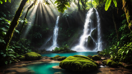 A powerful waterfall cascading into a clear pool surrounded by dense, green rainforest vegetation. Sunlight breaks through the canopy, creating a magical atmosphere with mist rising from the water. 