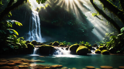 A powerful waterfall cascading into a clear pool surrounded by dense, green rainforest vegetation. Sunlight breaks through the canopy, creating a magical atmosphere with mist rising from the water. 