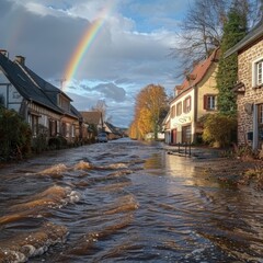 A peaceful yet melancholic scene captures a flooded street with quaint houses and a rainbow in the post-storm sky