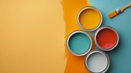 Colorful paint cans with brush top view