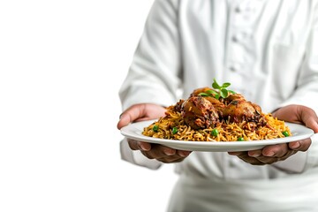 Saudi Arabian male chef is lifting a plate containing biryani rice and fried chicken on white background.
