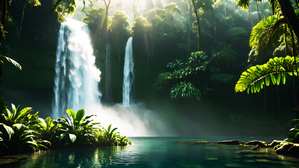 A powerful waterfall cascading into a clear pool surrounded by dense, green rainforest vegetation. Sunlight breaks through the canopy, creating a magical atmosphere with mist rising from the water. 