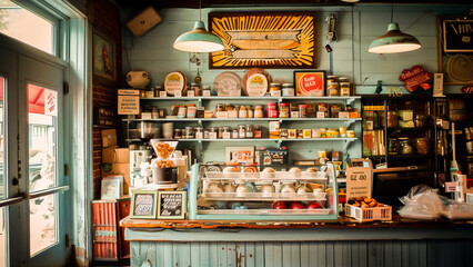 A cozy vintage store interior with shelves stocked with various food jars, retro items, and quaint decor. Nostalgic and charming setting.