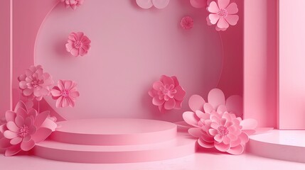 shopping online shop paper art with podium pink background Abstract scene or podium for product showcase on monochrome background, 3d render of scene for product presentation 