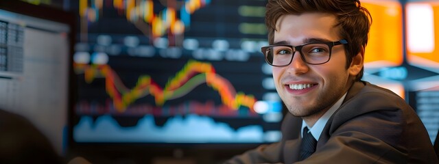 Obraz premium Smiling Financial Analyst Reviewing Data Insights on Computer Monitor in Office Setting