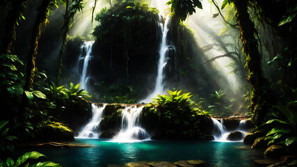 A powerful waterfall cascading into a clear pool surrounded by dense, green rainforest vegetation. Sunlight breaks through the canopy, creating a magical atmosphere with mist rising from the water. 
