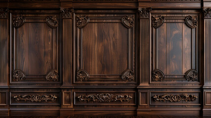 old wooden wall with decorative panels and carved elements. The interior is in the style of classical