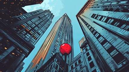 An artistic urban scene portrayed in a comic book style with a vibrant red balloon contrasting against towering skyscrapers