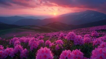 Obraz premium A serene landscape with a mountain backdrop during sunset, foreground filled with blooming pink rhododendron flowers