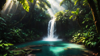 A powerful waterfall cascading into a clear pool surrounded by dense, green rainforest vegetation. Sunlight breaks through the canopy, creating a magical atmosphere with mist rising from the water. 