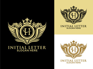 Luxury royal wing Letter H Logo vector, Luxury wing crown emblem alphabets logo design template