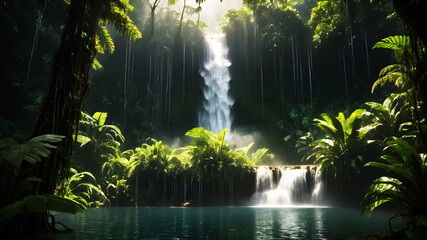 A powerful waterfall cascading into a clear pool surrounded by dense, green rainforest vegetation. Sunlight breaks through the canopy, creating a magical atmosphere with mist rising from the water. 