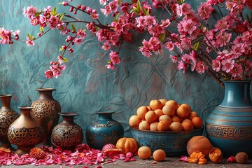 Traditional still life with peach blossoms in a vase and balls of thread