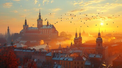A breathtaking view of an ancient European city skyline bathed in the warm glow of a setting sun, with charming architecture and birds flying