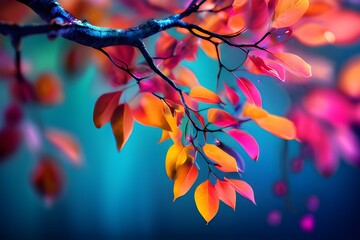 a branch of a tree bearing leaves that are pink, orange, and yellow in hue. Vibrant hues evoke a sense of vitality and life.The tall beech trees' golden canopy reflects the pleasant fall sun.
 
