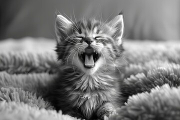 Depicting a small kitten with tongue sticking out laughing isolated black white image