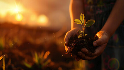 A child holds soil with a young plant at sunrise